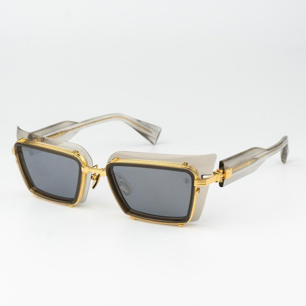 Balmain Men Sunglasses Titanium Grey Crystal Gold Rectangle ADMIRABLE BPS-130B-5